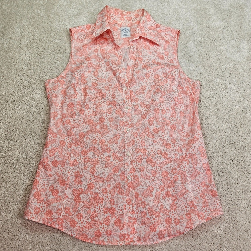 Brooks Brothers 10 Fitted Floral Botanical Sleeveless Button Shirt Coral White
